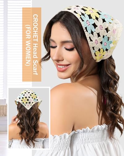 AWAYTR Crochet Head Scarf Hair Bandanas Women Knit Bandana Headband Scarf Tie-Back Head Coverings Floral Headscarf - color: Orange + Blue + Yellow