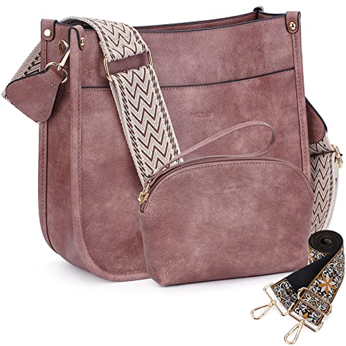 HKCLUF Crossbody Bag Purse for Women 2PCS/Set Leather Hobo Handbag Wallet Set With 2Adjustable Guitar Strap Shoulder Bag | Purse - color: A12-deeppink