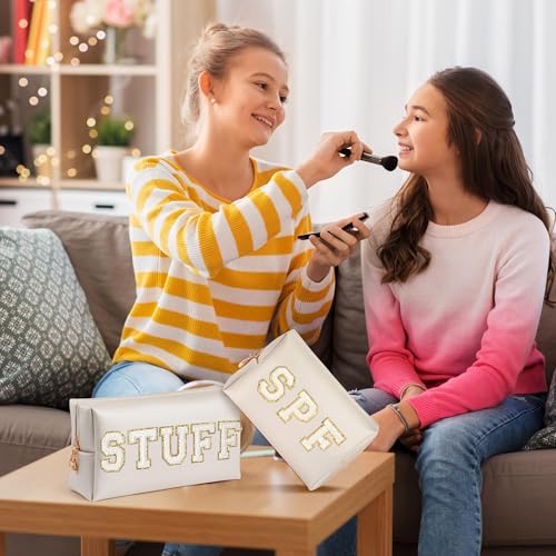 Preppy Patch Cosmetic Bags - Summer 2P White STUFF SPF Chenille Letter Makeup Bag, PU leather Travel Toiletry Kit Portable Waterproof Pouch Zipper Clutch, Holiday Party Gifts for Women Girls - color: White, style: Stuff Spf White