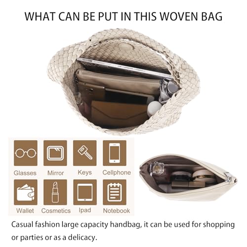 Woven Tote Bag For Women, Large Vegan Leather Travel Handbag, Casual Work Shoulder Bag, Underarm Commuter Hobo Bag With Purse - color: Beige