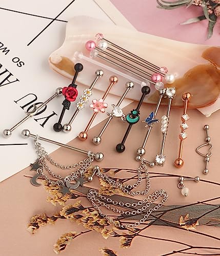 Suotarn 14G Industrial Piercing Jewelry For Women Men Stainless Steel 38 Industrial Barbell Long Cartilage Helix Conch Earrings Stud 14G Gauges Industrial Jewelry Butterfly Heart Cool 7-18pcs - color: Set #1