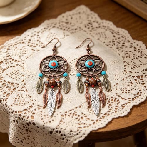 Boho Turquoise Drop Earrings Retro Long Copper Feather Tasse Metal Leaf Dangle Earrings Vintage Country Western Jewelry Cowgirl Ethnic Style Geometric Concert Festival Accessories for Women - color: Red Blue