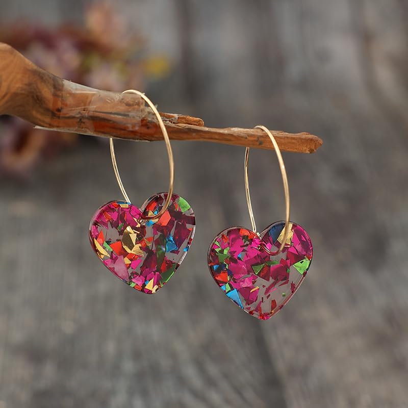 Colorful Shiny Love Heart Dangle Earrings Handmade Lightweight Glitter Acrylic Heart Shaped Hoop Earrings for Women Lovers Valentine's Day Mothers Day Party Jewelry Gifts - style: StyleA