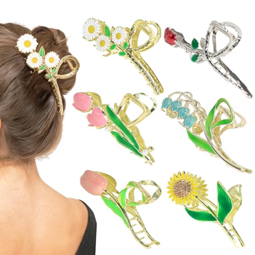 6 Pcs Flower Claw Clips for Women，Cute Hair Clips Large Strong Metal Butterfly Tulip Flower Hair Clips for Women Thick Thin Curly Hair Valentine's Day,Mother's Day,Christmas Gift..(STYLE A) - color: STYLE A