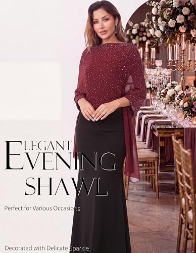 Shawls and Wraps for Evening Dresses Sheer Chiffon Women Elegant Soft Silky Sparkly Wedding Bridal Scarf - color: Burgundy C