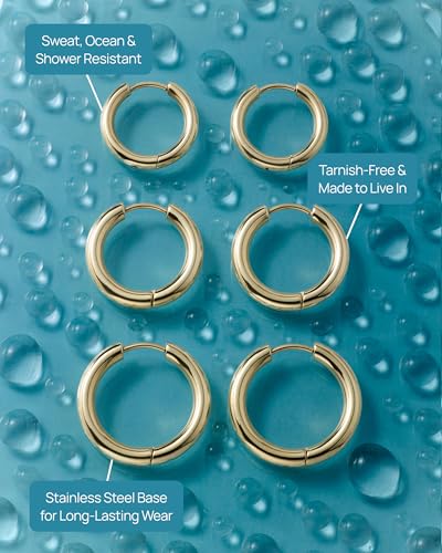 PAVOI Waterproof Hoop Earrings Set for Women - Stainless Steel Multi-Pack with Cubic Zirconia - Small & Chunky Huggie, Thin Hoops, Cascade Graduated Styles - Trendy Fashion Piercing Jewelry - color: Yellow Gold
