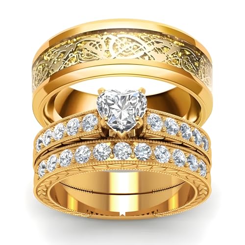 3Pcs Moissanite Wedding Rings Sets for Couples, s925 10K 14K 18K Real Gold Wedding Rings Sets for Him and Her, Customized Matching Engagement Bands Set for Men and Women Free Engraving - style: Style-1