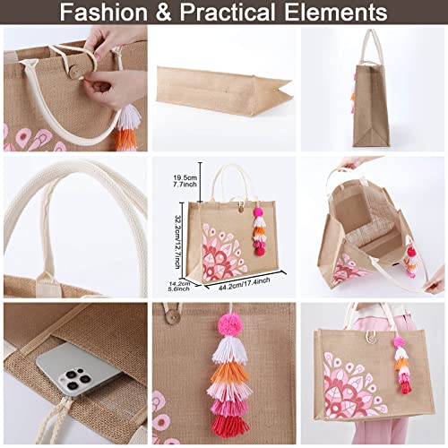 itgowisa Jute Beach Bag for Women, Burlap Beach Tote Bag with Tassel Pocket, Summer Gift for Vacation, Pool, Cruise & Grocery | Jute material - color: Pink Tassel