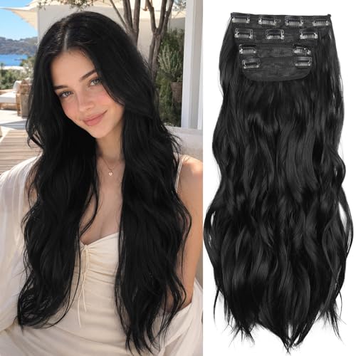 Black 20 Inch Thick Hairpieces Long Wavy Natural Synthetic Clip in Hair Extensions, for Women (4pcs, 20Inch, 1B#) - color: 1B-Black