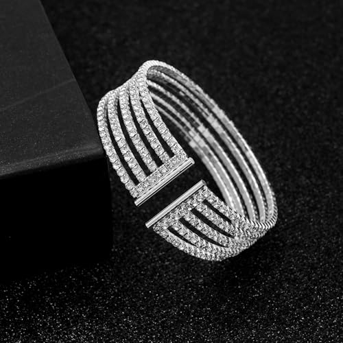 Women's Multi-Layer Rhinestone Cuff Bracelet Sparkling Crystal Tennis Bangle for Bridal Wedding Party - color: 1182 Silver
