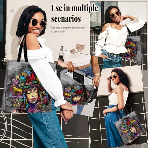 African American Women Tote Bag Black Shoulder Handbag For Women Fit Work Beach Labtops With Zip - color: Black Women 5