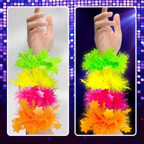 16 PCS Neon Accessories Glow Bracelets 80s Bracelet Fluorescent Blacklight Bracelet Party Favors Neon Bracelets for Glow Party Women Men Party Supplies