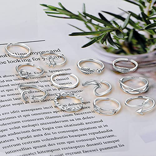 Honsny 12PCS Silver Plated Rings Adjustable Open Rings for Women Cute Gold Plated Stackable Thumb Rings Joint Chain Midi FingerArrow Knot Wave Band Rings Set - color: 12PCS Silver A