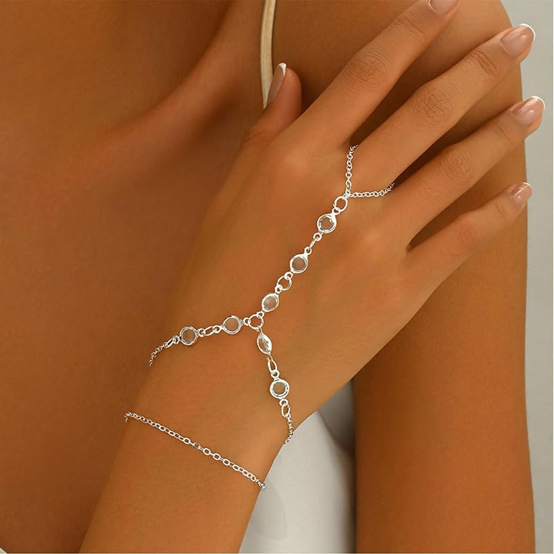 Dainty Gold Hand Chain Bracelet for Women Trendy,Ring Bracelet Hand Chain Bracelets Simple Finger Rings Slave Bracelets Boho Summer Beach Jewelry Accessories - color: Silver cz5