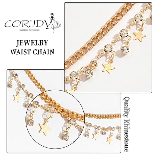 Rhinestone Waist Chains Crystal Waist Chain with Pendant Abdominal Chain Thin Minimalist Body Chain Jewelry for Women Beach Rave - style: B-Star-Gold