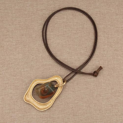 GelConnie Leather Necklaces Turquoise Long Boho Necklaces for Women Brown Chunky Circle Pendant Chocker Necklace Gold Sweater Necklace - style: Large Stone Pendant