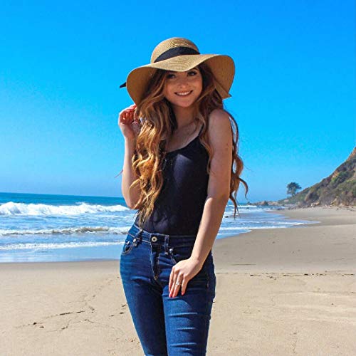 FURTALK Womens Sun Straw Hat Wide Brim UPF 80 Summer Hat Foldable Packable Floppy Beach Hats for Women - color: Beige With Black Brim, size: Medium-Large
