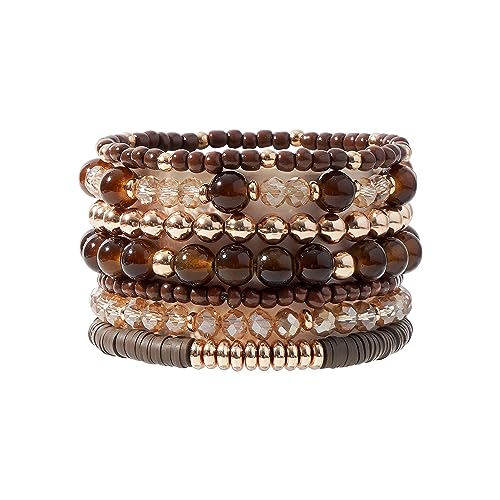 GOOJIDS Surfer Heishi Clay Bead Bracelets for Women Bohemian Stackable Gold Plated Beaded Stretch Bracelets Elastic Layering Friendship Bracelets Set Boho Jewelry - color: W-4 Brown Beads Bracelet