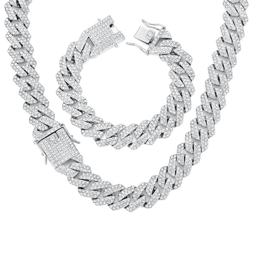 HIPBLING Miami Cuban Link Chain Bracelet Set for Men Rhinestone 2 Pcs Cuban Necklace Bracelet Silver Plated 20mm Iced Out Cuban Chain for Men Women Jewelry Set Gift - style: 20 inch