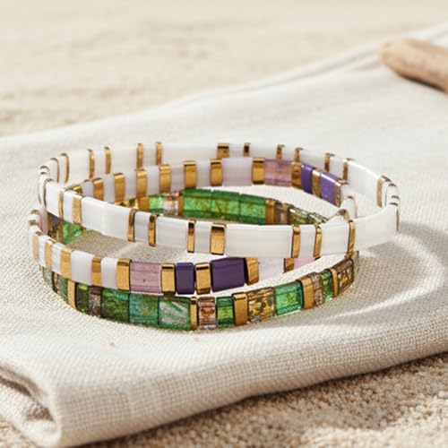 Tila Flat Square Stack Beaded Bracelets Set for Women Men, Boho 3Pcs Romantic Handmade Healing Gold Colorful Stretch Accessories Jewelry, Daily Vacation Party Holiday Friendship Gift - color: Purple White Green