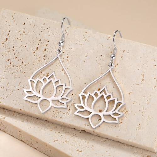 TEAMER Stainless Steel Lotus Flower Dangle Earrings Bohemian Drop Earring Unique Geometric Jewelry for Women - color: Lotus 7-Steel Color