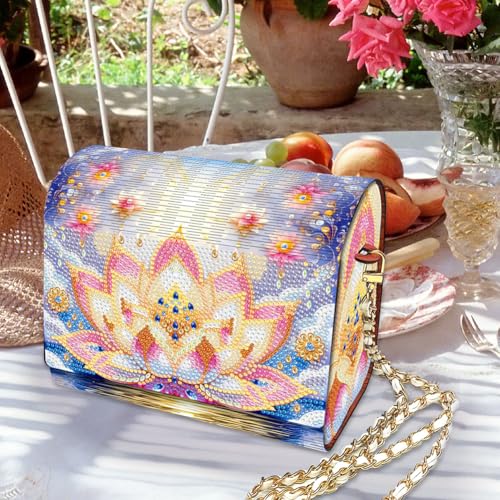 C'eitura Lotus Diamond Art Wooden Clutch Purse with Chain, 5D DIY Rhinestone Shoulder Bag Kit, Zen Style Wallet for Women, Yoga Meditation Gift, Unique Handmade Craft Project - color: SKB204
