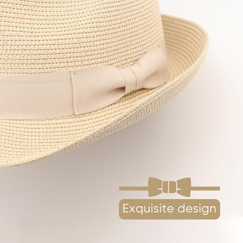 DRESHOW Women Straw Sun Hat Short Brim Panama Travel Fedora Summer Hat Roll Up Beach Cap for Women UPF 50+ - color: 1 Pack Rolled Hat: Beige