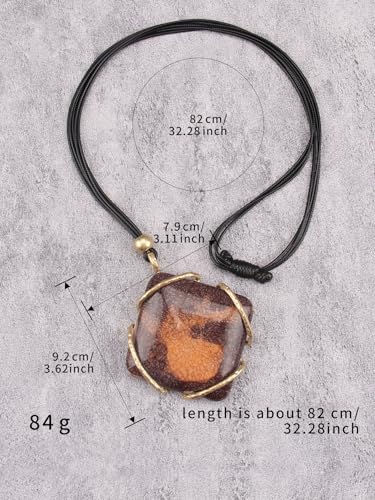 GelConnie Leather Necklace for Women Large Pendant Long Brown Necklace Circle Leather Choker Vintage Sweater Necklace Gold Chunky Boho Necklaces for Women - style: Brown Square Stone Necklace