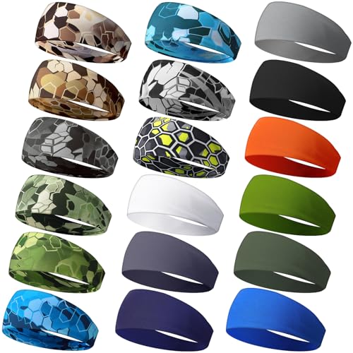 18 Pcs Sports Sweatbands for Men Women Camo Headbands Workout Non Slip Headbands Breathable Head Band Fitness Stretchy Unisex Hairband for Yoga Running Cycling Ball - color: Cool Colors