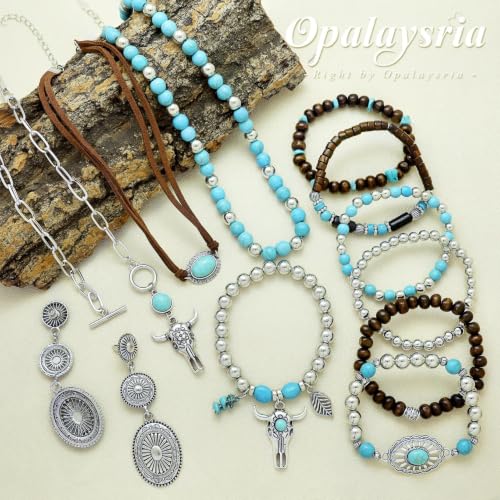 3 Pcs Layered Western Jewelry Set for Women Boho Turquoise Beaded OX-Head Necklaces Western Cactus Cowboy Chic Earrings Rustic Cowgirl Stack Bracelets Country Concert Outfits Accessory - color: Silver Concho OX-Head
