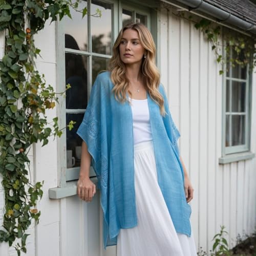 Kimonos for Women Casual Swimsuit Coverup Lightweight Boho Kimono Cardigans for Summer - color: Rz-blue Embro