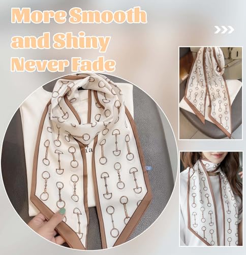 kcctoo 59” Long Silk Like Head Scarf Women's Fashion Square Neck Satin Scarfs for Bag Hair Scarves Gift 59 * 5.9” - color: N2 Buckle With Brown Edges 59" X 5.9"