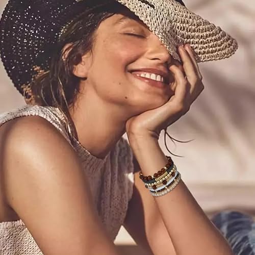 XIANNVXI 7pc Heishi Clay Bead Bracelets for Women Gold Plated Beaded Bohemian Stackable 6.8In Stretch Bracelets Elastic Layering Friendship Jewelry Boho Gift Set - color: Brown