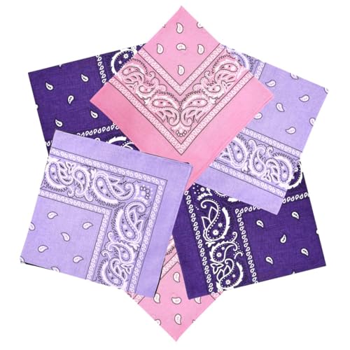 MDSTYLE 6 Pack 100% Cotton Bandanas 22” x 22" for Men & Women Paisley Handkerchief Headband Scarf Bandana - color: Pink X2, Lavender X2, Purple X2