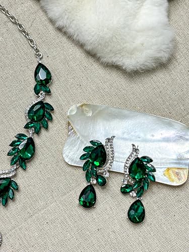 Women Jewelry Set Rhinestone Crystal Bride Statement Choker Necklace Teardrop Cluster Dangle Earrings Set for Wedding Prom Party - color: emerald