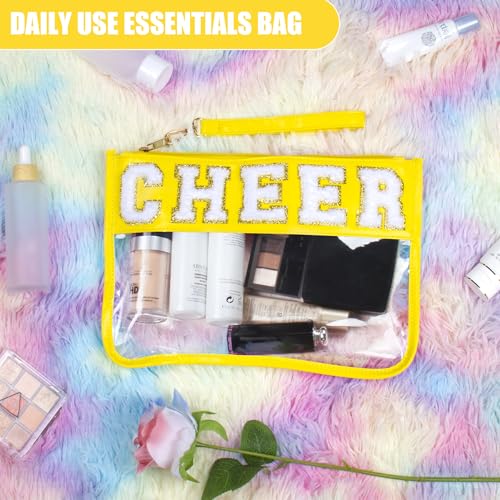 BuyCard Cheer Chenille Letter Bags Clear Makeup Bag, Cheerleader Gifts Cosmetic Bag, Varsity Preppy Patch Flat Pouch Cheer Accessories, Waterproof PVC Organizer Toiletry Bag for Women Girls Yellow - color: Yellow-Cheer