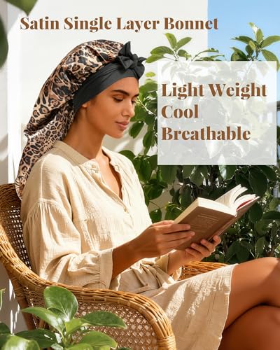 AWAYTR Long Satin Bonnet for Braids - Elastic Silk Hair Bonnets for Sleeping Night Cap Stretchy Tie Band for Women（Leopard） - color: Leopard