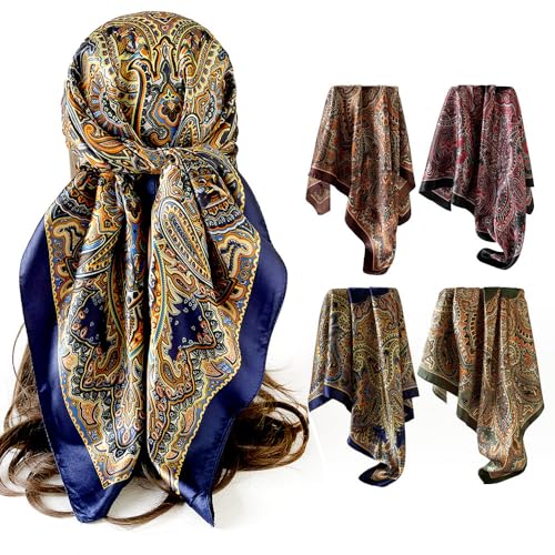 Hexchasty 35”Head Scarf Satin Silk Like Hair Scarf Large Square Head Scarves Bandana Head Wraps Headscarfs for Women Green - color: A-navy