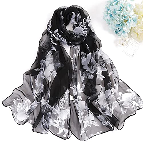 YOUR SMILE Ladies/Women's Lightweight Floral Print/Solid Color mixture Shawl Scarf For Spring Summer season - color: Black White Flower