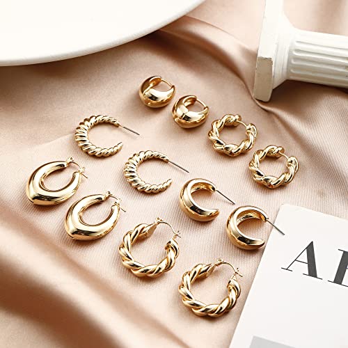 HILXURY Gold Chunky Hoop Earrings Set for Women, 14K Gold Plated Twisted Huggie Hoop Earring Hypoallergenic, Thick Open Hoops Set Lightweight - color: 6 gold hoops