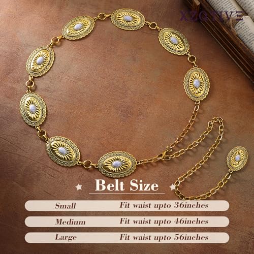 XZQTIVE Women Boho Chain Belts For Dresses Jeans Western Cowgirl Waist Links Belt Adjustable Metal Concho Belt - size: Fit Waist upto 36inches, style: White Turquoise Matte Gold