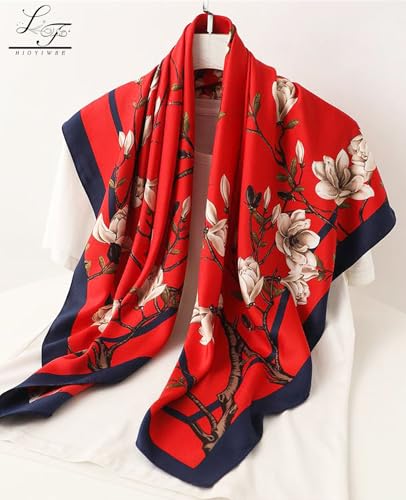 Hioyiwse Head Scarf For Women Hair Bandana 35" Large Square Satin Wrap Sleeping Neck Silk Satin Hair Scarves Lightweight - color: F23-white Flowers on Red Background(35*35inch）
