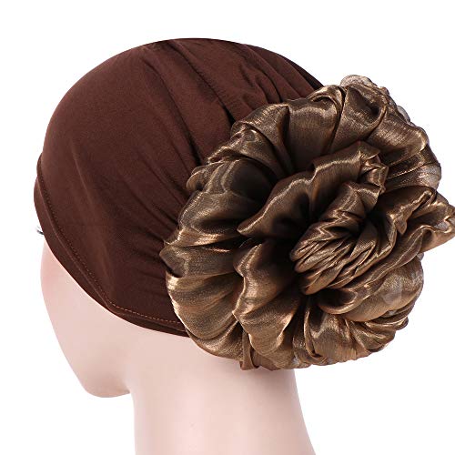 Women Big Flower Turban Hat Head wrap Headwear Cancer Chemo Beanie Cap Hair Loss Cover - color: Brown