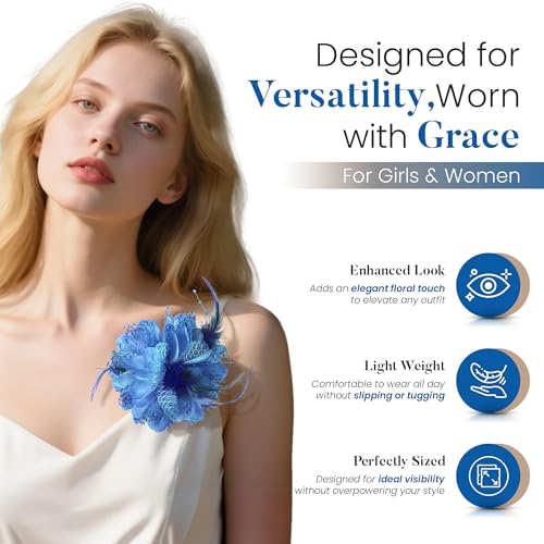 4.72 Inches Elegant Hair Clip Large Flower Brooches for Women | Flower Mesh Feathers Headwear Ponytail Holder & Hair Clips for Wedding | Charming Floral Lapel & Brooch Pins for Women Fashion (Blue) - color: Blue