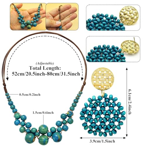 2 Pcs Hippie Boho Colorful Ceramic Beaded Necklace and Earrings Set for Women Adjustable Chunky Round Beads Strand Statement Necklace Colorful Summer Beaded Earrings Bohemian Jewelry Gift - color: Peacock Blue