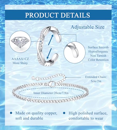 CASDAN 13Pcs Toe Rings and Ankle Bracelets for Women Silver Gold Layered Anklets Chain Adjustable Open Tail Toe Ring Beach Foot Jewelry for Summer - color: Silver,B
