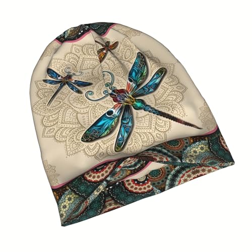 Tenna Teki Women Slouchy Beanie Chemo Hat Cancer Caps for Patient | Autumn Spring Lightweight Comfortable Breathable Beanie for Men - color: Dragonfly Mandala Beige