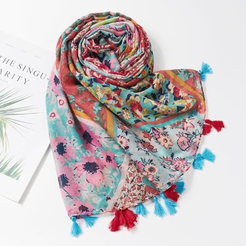 QIUTIMIY Scarf for Women Lightweight Soft Floral Leopard Printed Scarves Fall Winter Fashion Shawl Wrap with Fringe - color: Flower-red Sblue