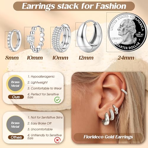 Florideco 4Pairs Small Hoop Earrings for Women Trendy 14K Gold Plated Stackable Chunky Earrings Hypoallergenic Huggie Earring Stacks Lightweight Earring Sets for Multiple Piercing - color: Silver-Chunky