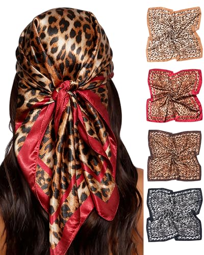 Molans 35" Silk Satin Square Head scarves - 4Pcs Large Scarfs Hair Bandana Head Kerchief Neck Scarf Sleeping Wraps for Women - color: Leopard Print